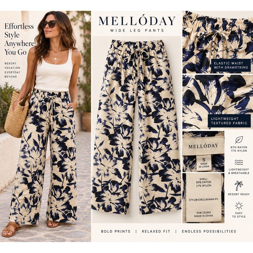 MelloDay Floral Wide Leg Pants Womens S Cream Navy Pull On Rayon CKB214044W-PV